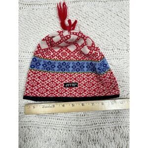 JYTTE Wool Nordic Fair Isle Beanie Tassel Hat Red Blue Knit USA Made